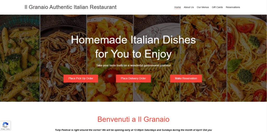 Homepage of II Granaio Authentic Italian Restaurant's website / granaio.com