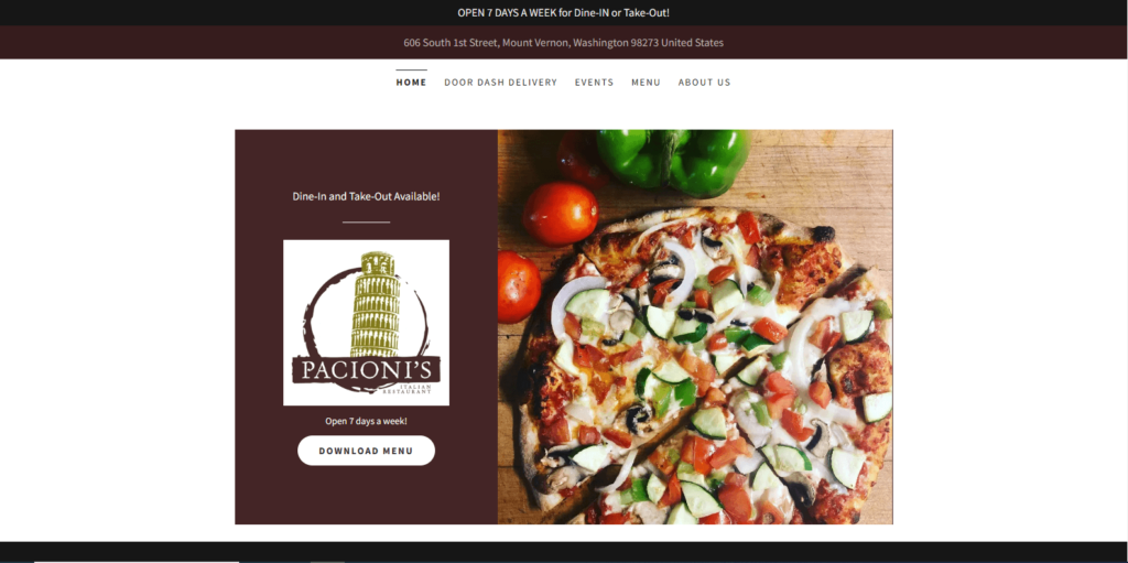 Homepage of Pacionis Pizzaria's website / pacionis.com