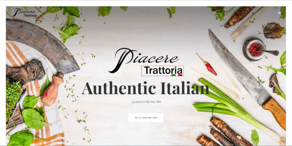 Homepage of Piacere Trattoria Italiana's website / piaceretrattoria.com