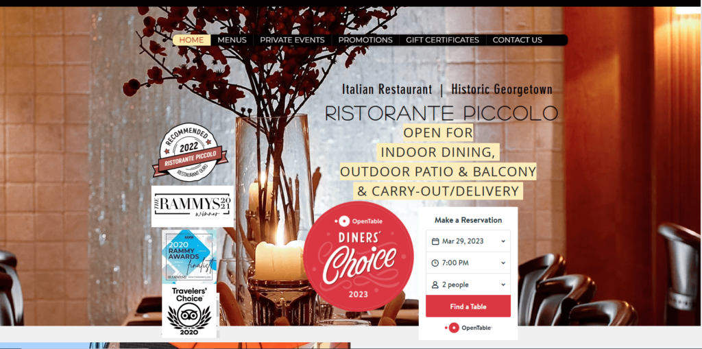 Homepage of Ristorante Piccolo's website / piccolodc.com