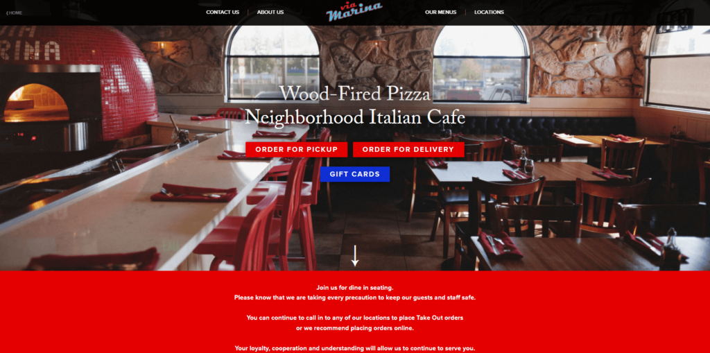 Homepage of Via Marina wood fired Pizza and Italian Café's website / vincesrestaurants.com