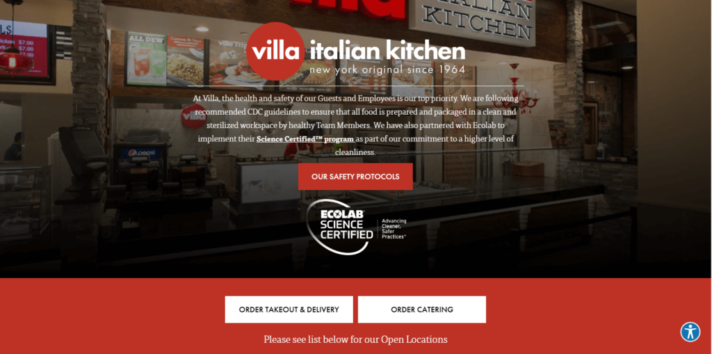 Homepage of Villa fresh Italian kitchen's website / villaitaliankitchen.com