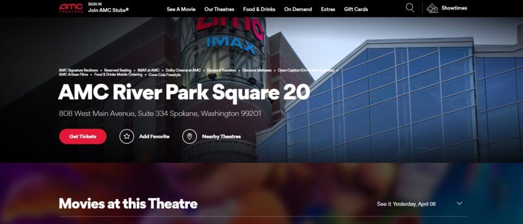 Homepage of AMC River Park Square 20 / Link: https://www.amctheatres.com/movie-theatres/spokane/amc-river-park-square-20