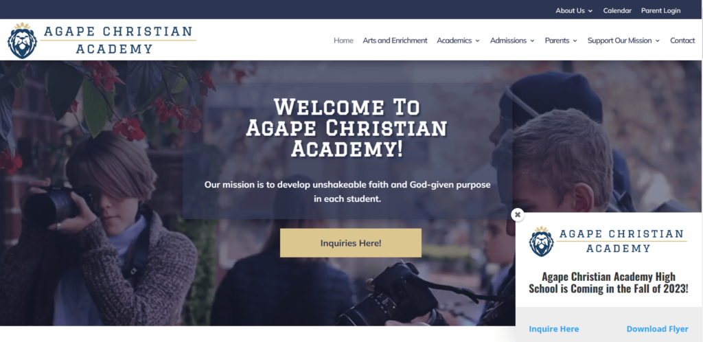 Homepage of Agape Christian Academy's website / goacalions.org