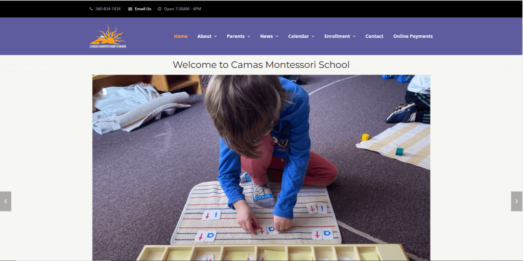 Homepage of Camas Montessori School's website / camasmontessori.com