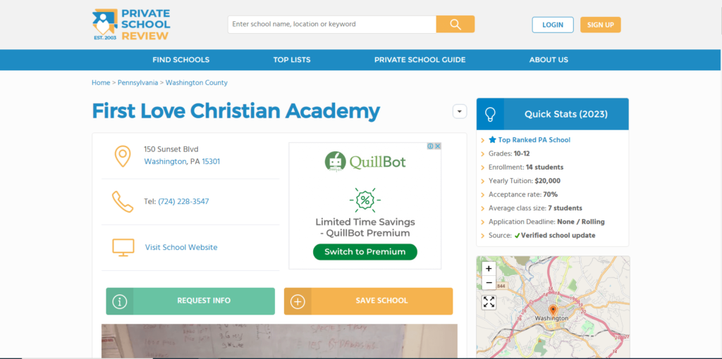 Homepage of First Love Christian Academy's website / privateschoolreview.com