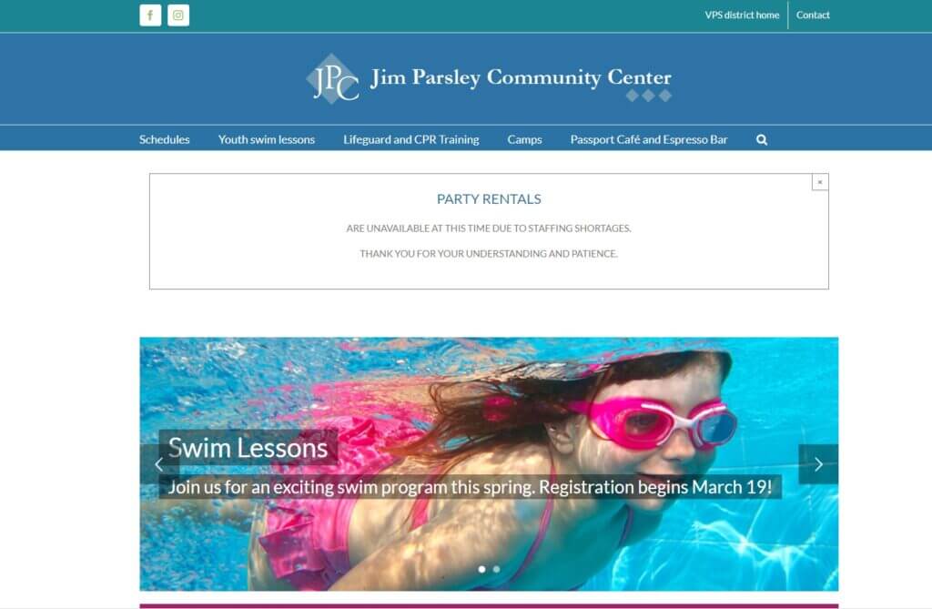 Homepage of Jim Parsley Community Center / Link: https://jpcc.vansd.org/