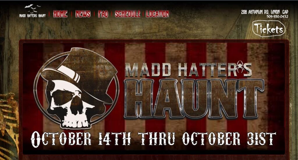Homepage of Madd Hatters Haunt / Link: https://www.maddhattershaunt.com/