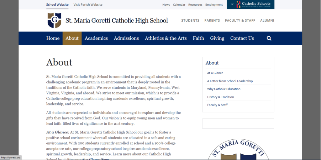 Homepage of Maria Goretti Catholic High School's website / goretti.org