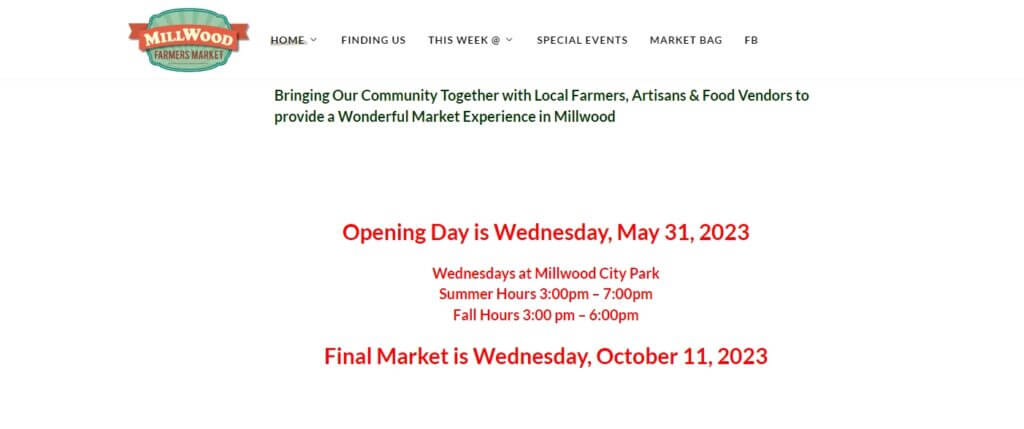 Homepage of Millwood Farmers Market / Link: https://farmersmarket.millwoodnow.org/