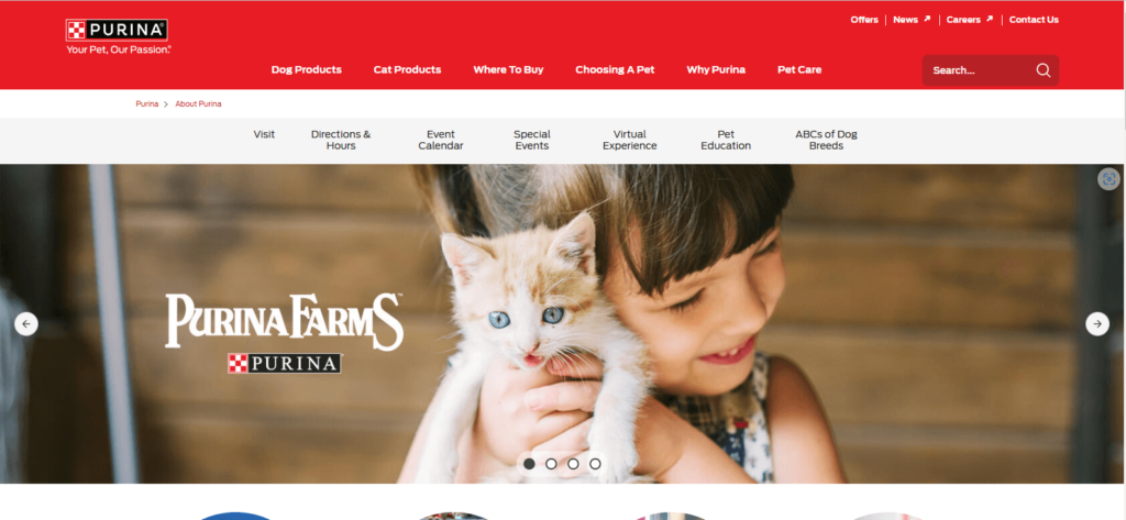 Homepage of Purina Farms' website / www.purina.com