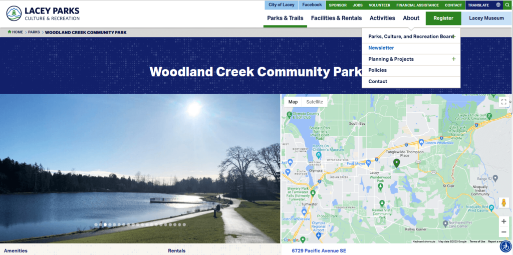 Homepage of Woodland Creek Community Park's website / laceyparks.org
