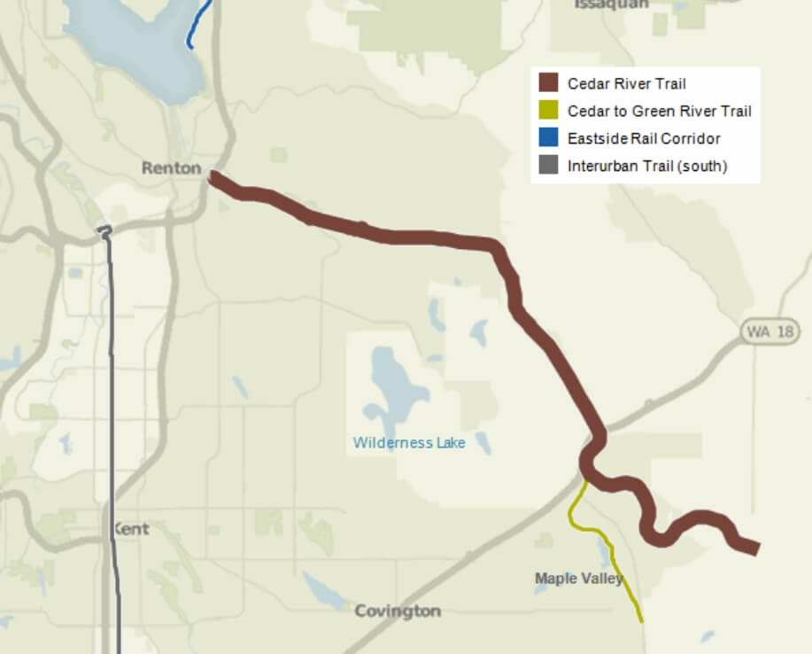 Map of Cedar River Trail / Wikipedia / Dennis Bratland 
Link: https://en.wikipedia.org/wiki/Cedar_River_Trail#/media/File:Cedar_River_Trail.gif