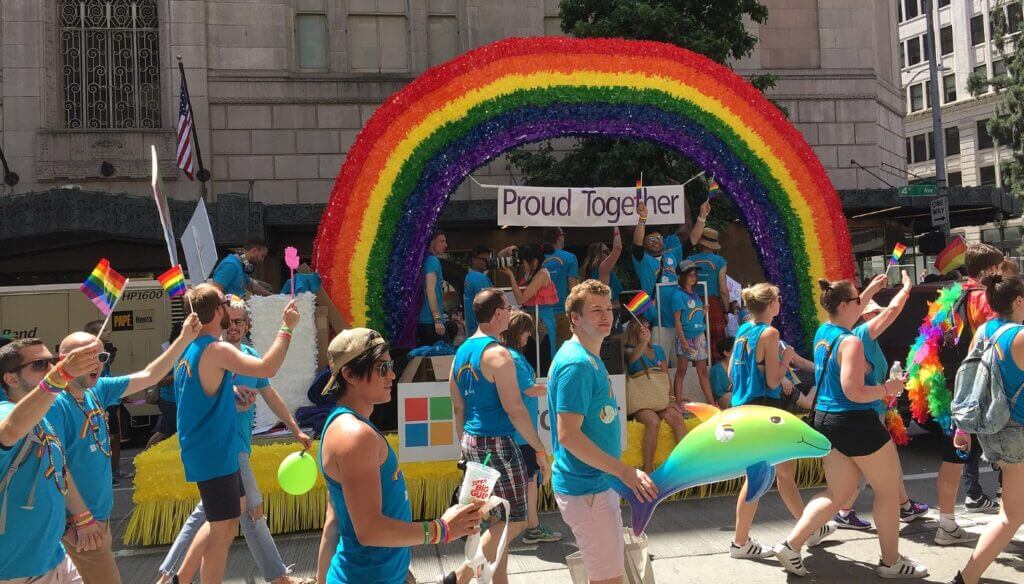 Microsoft's float at Seattle Pride / Wikipedia / Kiteinthewind 
Link: https://en.wikipedia.org/wiki/Seattle_Pride#/media/File:Microsoft_at_Seattle_Pride_2017.jpg