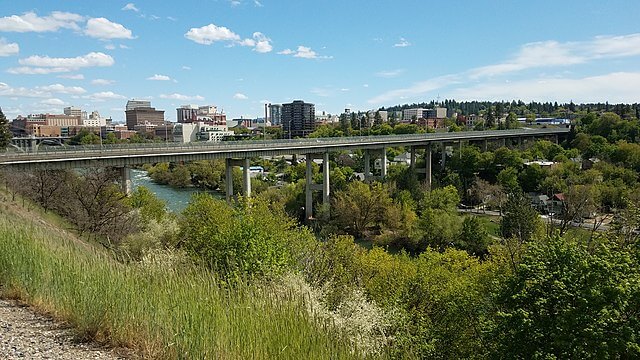 View of the Maple Street Bridge from Kendall Yards / Wikipedia / BGHonors280 
Link: https://en.wikipedia.org/wiki/Maple_Street_Bridge_(Spokane)#/media/File:Msb1.jpg